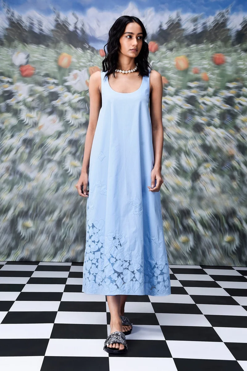 Genes Lecoanet Hemant  Playing Card Maxi A-Line Dress- Light Blue for Women | Best Price UAE